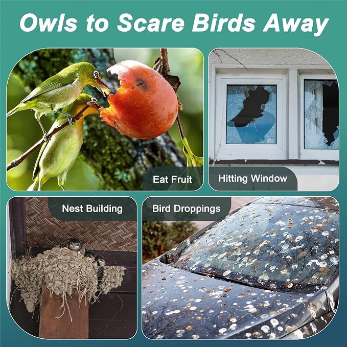 Owls to Keep Birds Away: 4Pcs Fake Owl with Reflective Tape for Garden Patio, Reflective Hanging Decoration to Keep Birds Pigeon from Windows Tree