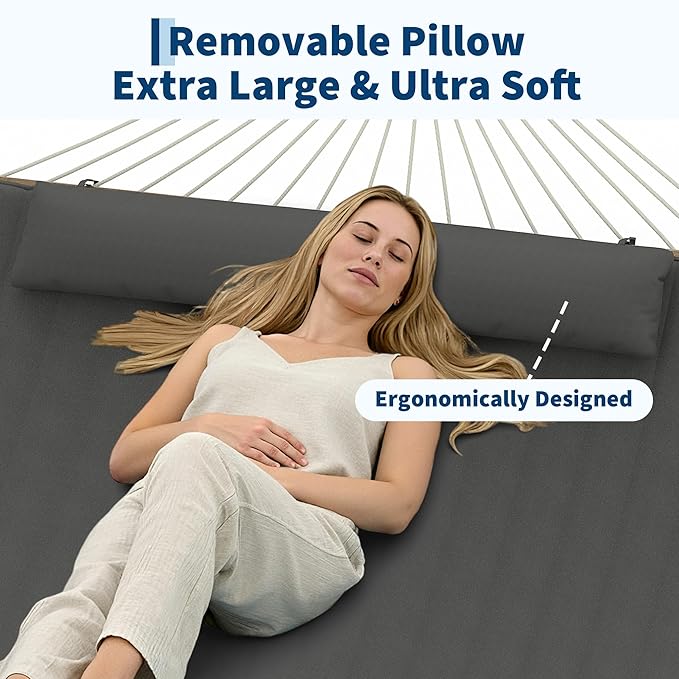 2 Person 12FT Hammocks for Outside, Double Quilted Fabric Outdoor Hammock with Spreader Bar, Large Removable Pillow, Storage Pockets, Carabiners, Max 450 Lbs Capacity