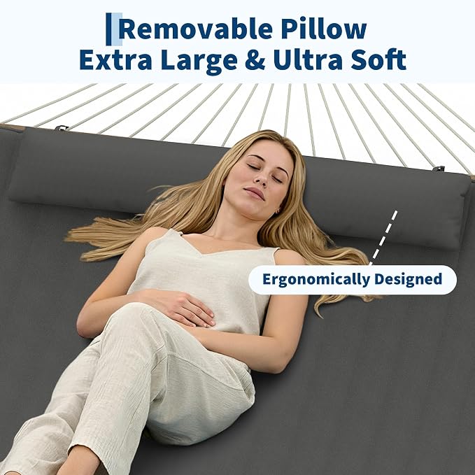 2 Person Outdoor Hammock with Stand - Cotton Rope & Polyester Pad - Adjustable Steel Frame - Sturdy & Cozy for Patio, Backyard, Garden, Beach - Dark Gray