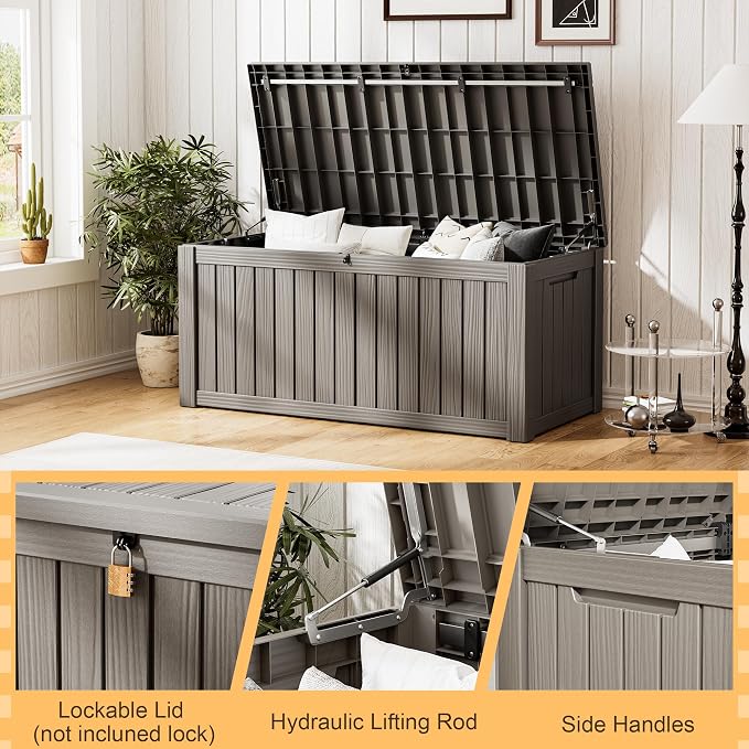 Outdoor Storage Box, 155 Gallon Resin Deck Boxes Outdoor Waterproof For Patio Furniture, Garden Tools, Pool Supplies, Lockable And UV Resistant (Striped Gray)