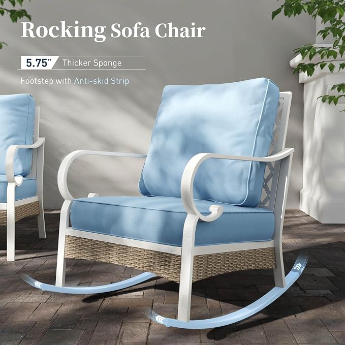 SUNSHINE VALLEY 6 Piece Metal Outdoor Patio Furniture Set, Patio Conversation Set 3-Seater Sofa, 2 Fixed Sofa, 2 Rocking Chair with 5.75" Thick Cushion and Coffee Table White Backyard Furniture, Blue