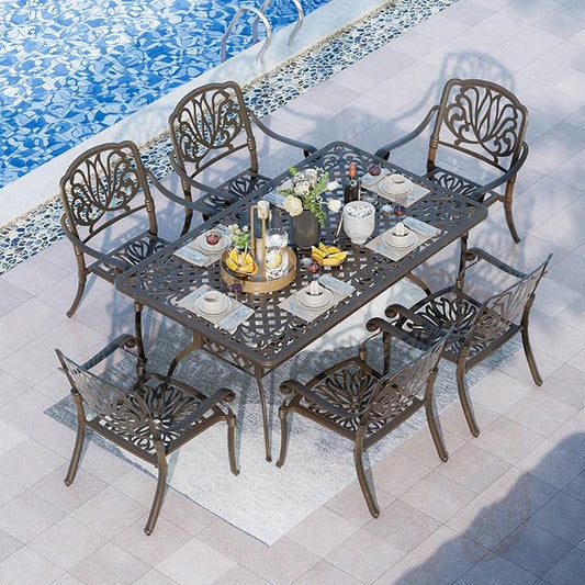 Grepatio 7 Piece Patio Dining Set Outdoor Dining Set Cast Aluminum Furniture Set with 6 Dining Chairs and Dining Table for Backyard Garden Deck Poolside (6 Flower Chairs Without Cushion)