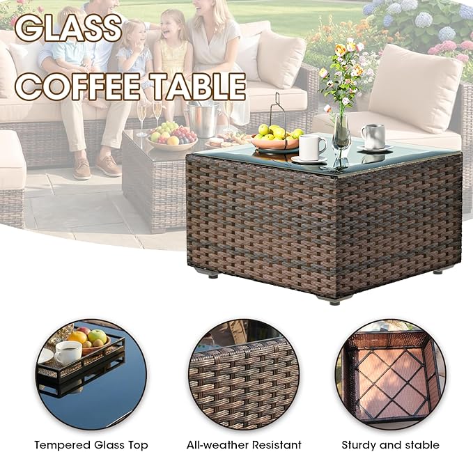 7 Piece Patio Furniture Set, Outdoor Wicker Sectional Sofa - All Weather High Backrest PE Rattan Couch Conversation Set with Cushion & Glass Top Table for Backyard Deck (Beige, L-7 pcs w/Glass Table)