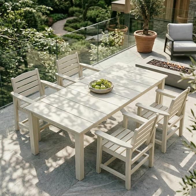 Kingdura 5 Piece Patio Dining Set for 4, 75.2'' HDPE Outdoor Dining Table Set with 2" Umbrella Hole, Weather-Resistant Outdoor Furniture, Table and Chairs Set for Backyard Pool Garden, White