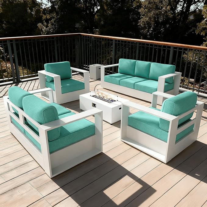 LayinSun Oversized Aluminum Outdoor Furniture Set, 5 Piece Patio Sofa Sets with Fire Pit Table, Deep Seating and Upgraded 6-inch Cushions for Porch, Balcony, Deck