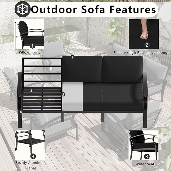 Patio Furniture Set 3-Piece Aluminum Armrest Sofa, All-Weather Patio Conversation Set with Tempered Glass Top Table & Removable Sponge Cushions for Backyard Poolside - Black.