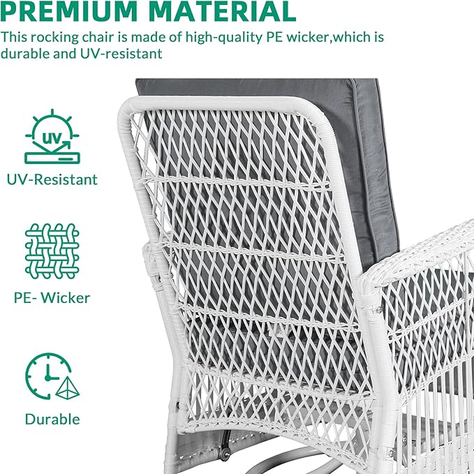 VIVIJASON 3 Piece Patio Wicker Swivel Rocker Bistro Set, Outdoor Swivel Rocking Chairs Set of 2 with Glass-Top Side Table, Patio Rattan Furniture Set for Deck Porch Backyard, White/Grey