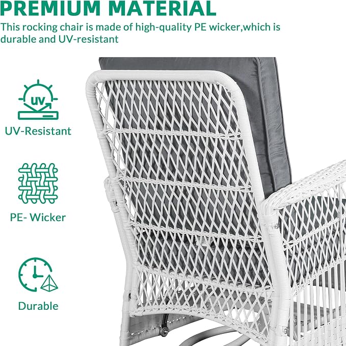 VIVIJASON 3 Piece Patio Wicker Swivel Rocker Bistro Set, Outdoor Swivel Rocking Chairs Set of 2 with Glass-Top Side Table, Patio Rattan Furniture Set for Deck Porch Backyard, White/Grey