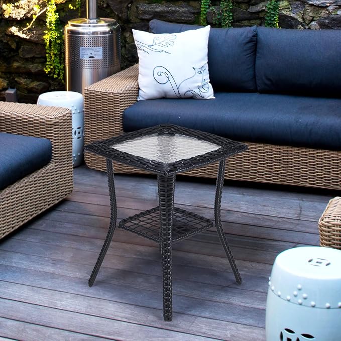 Outdoor Wicker Side Table with Tempered Glass & Lower Storage Shelf, All-Weather Rattan Side Table Wicker Patio Table, for Outdoor Patio, Porch, Garden, Indoor, Black