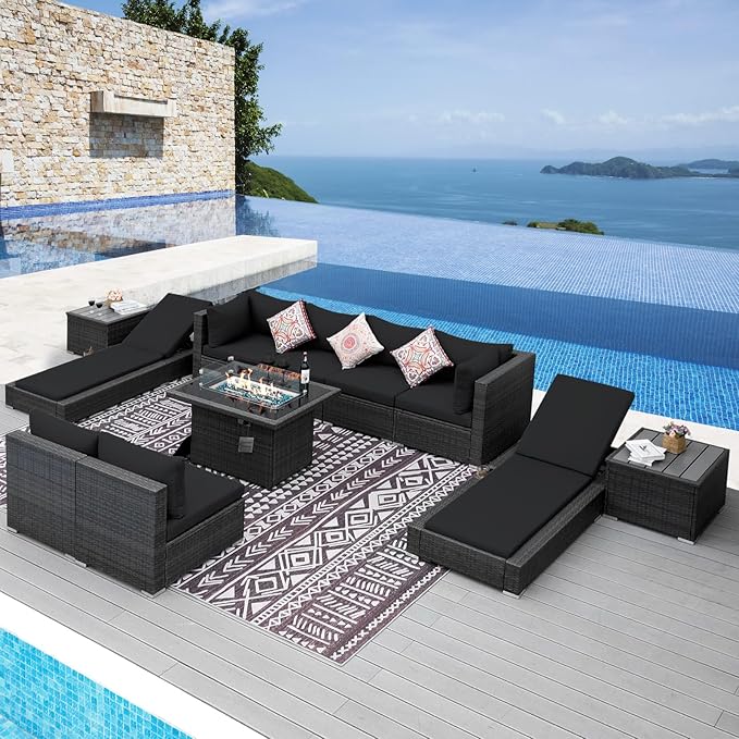 NICESOUL 11-Piece Patio Furniture with Chaise Lounge, Modern Wicker Outdoor Sectional with Fire Pit, Comfortable 29.3'' High-Back Conversation Seating, Heavy Duty All-Weather Couch Set, Grey & Black