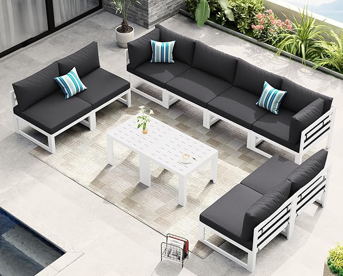 NICESOUL L Shaped Modern Aluminum Outdoor Patio Furniture Set, 29" XL Large Wide Deep Sitting, Fade Resistant Modular Sectional Sofa Set of 10, 500 lbs Sturdy Conversation Set for Backyard, Dark Gray