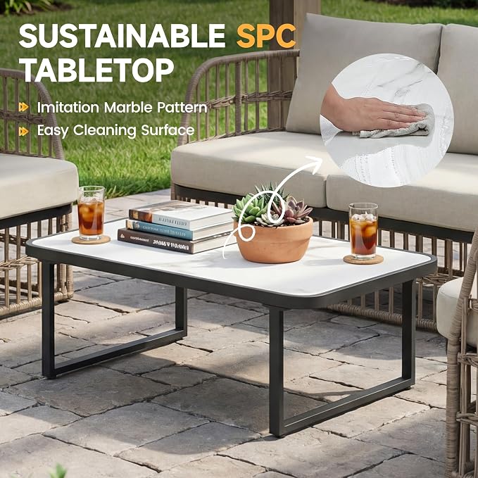 4 Piece Patio Conversation Set, Modular Outdoor Sectional Furniture Set for 4, Rattan Patio Sofa Couch with Cushions, Modern Patio Furniture Set with Coffee Table for Deck/Balcony/Porch, Beige