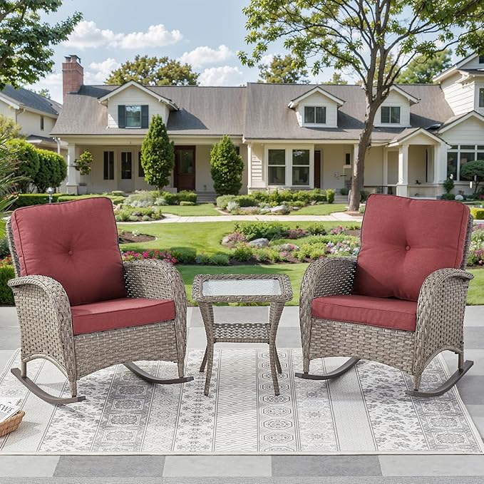 Outdoor Rocking Chairs Set of 2-Patio Table and Chairs Set Outdoor Conversation Furniture Sets for Deck Porch Garden Balcony Poolside-Grey/Red