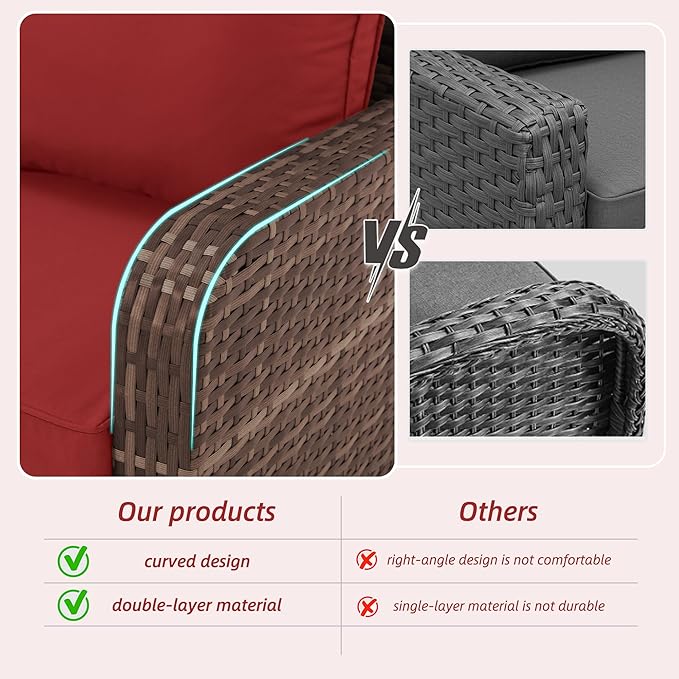 HOMREST 4 Piece Wicker Patio Furniture Set, 360 Degree Outdoor Swivel Patio Chairs w/Coffee Table and 3-Seat Sofa, Small Patio Furniture Set for Garden, Deck and Poolside (Wine Red)