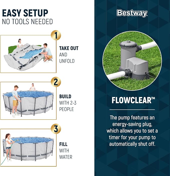 Bestway Steel Pro MAX 16' x 48" Above Ground Pool, Round Metal Frame Outdoor Swimming Pool Set with Filter Pump, Ladder, and Cover, Gray