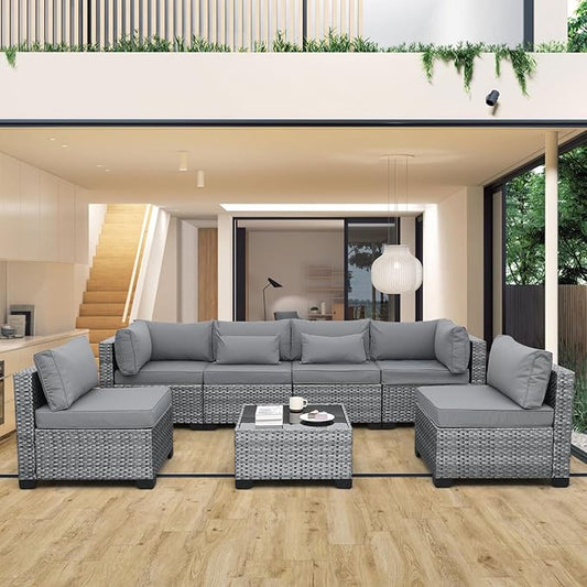 Valita 7 Pieces Outdoor Wicker Furniture Conversation Set Patio Sectional Sofa Set Glass Table with Non-Slip Cushions Furniture Cover, Light Grey