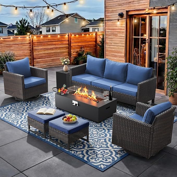 HUMMUH Patio Furniture Set with Fire Pit Table,7 Piece Wicker Outdoor Conversation Sets -Outdoor Swivel Rocker Chairs Patio Sofa for Porch,Garden,Backyard