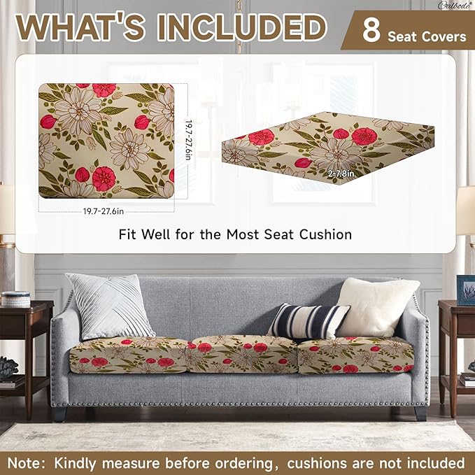 CALBODE 8Pcs Stretch Patio Cushion Cover, Floral Couch & Sofa Slipcovers for Patio Furniture Cushions Washable Reusable Couch Covers Replacement for All-Season (Rosy Pink Floral,Cover Only)