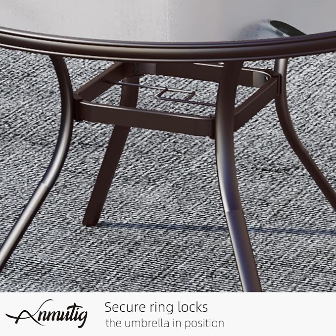 40 in Round Glass Outdoor Patio Dining Table for 4 Person with Brown Frame | Glass Table Top, Brown Metal Frame, 4 Person Table, 1.7 inch Umbrella Hole