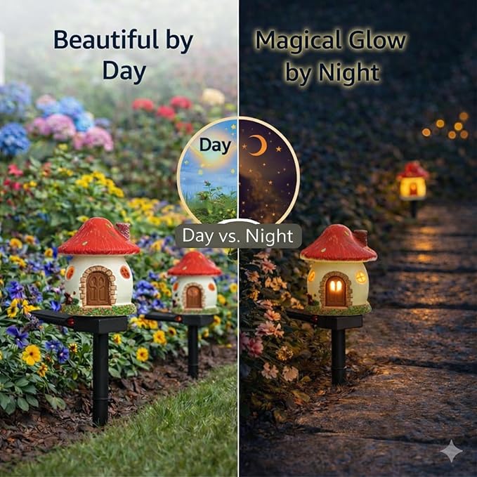Solar Garden Lights Outdoor, 2 Pack Decorative Solar Mushroom House Pathway Lights Waterproof, Resin Fairy Garden Lights for Yard Lawn Walkway Patio Decor