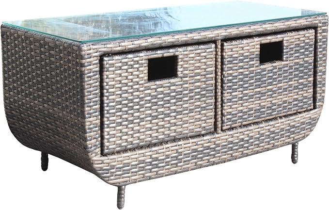 Outdoor PE Rattan Coffee Table, 43.7" Large Rectangular Patio Wicker Coffee Table with Tempered Glass Top, Low Profile Outdoor Side Table for Backyard Deck Balcony Garden Lawn, 150 lbs Capacity