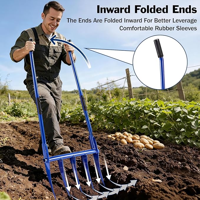 56'' Heavy Duty Broadfork for All the Soils, Unbreakable Design Pitchfork, 5 Sharp and Cambered 11'' Tines Bord Fork Garden Tool, Ergonomic Handles, Good Package, Easy Assembly, Blue.