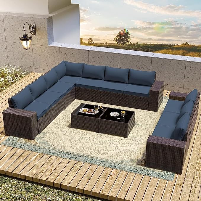 12 PCS Outdoor Patio Furniture Set,Outdoor Sectional Furniture All Weather PE Rattan Wicker Patio Conversation Set with 2 Coffee Tables and 10 Thickened Cushions,Navy Blue