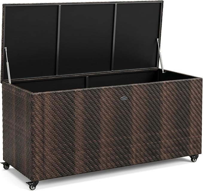 96 Gallon Outdoor Wicker Storage Box, Waterproof Deck Box with Wheels & Gas Strut, Weather Resistant Patio Container for Cushions, Tools, Garden