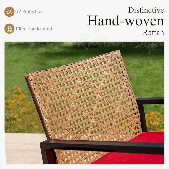 Sophia & William 4 Pieces Patio Conversation Set, Wicker Outdoor Furniture Set for 4, All Weather Outdoor Seating Set, Rattan Loveseat & Chairs with Cushions & Coffee Table，Brown and Red