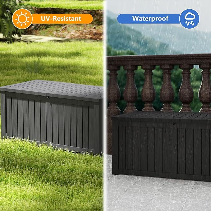 120 Gallon Waterproof Resin Outdoor Storage Box, Lockable & UV Resistant | Patio Deck Boxes, Outside Storage for Patio Cushions, Pool Toys, Garden Tools & Package Delivery, Black