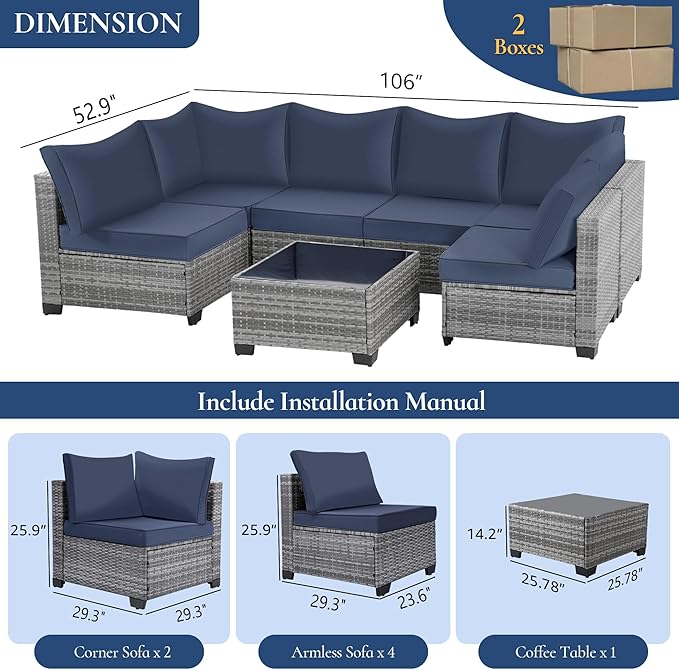 FHFO 8-Piece Patio Furniture Set with 28" Fire Pit Table, Wicker Outdoor Conversation Set Sectional Sofa with Thick Cushions & Coffee Table, for Backyard, Poolside, Garden, Grey-Blue