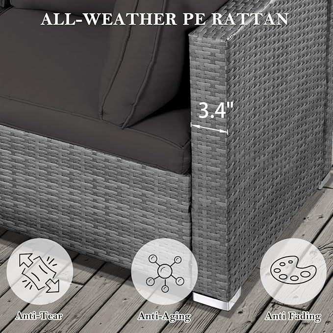 NOBLEMOOD 7 Pieces Patio Furniture Set, All Weather Outdoor Rattan Conversation Sectional Sofa Set with Cushion, Coffee Table for Porch Deck Garden