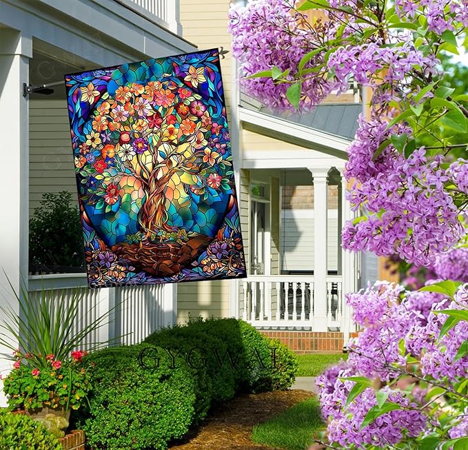 Floral Tree of Life Garden Flags for Outside, Stained Glass Spring Summer House Flag Large Burlap Yard Flag Double Sided Seasonal Outdoor Decoration 28x40 Inch