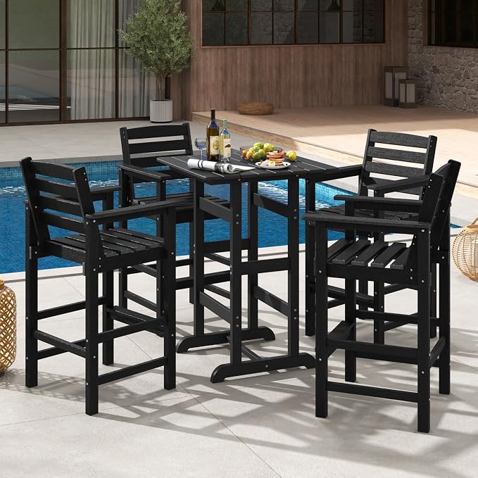Giantex 42" Height Outdoor Tall Bar Table, HDPE Square Pub Table with Wood Grains, Cocktail High Top Tables for Adirondack Chairs, Patio, Bistro, Garden, Poolside, Yard, Balcony, Black