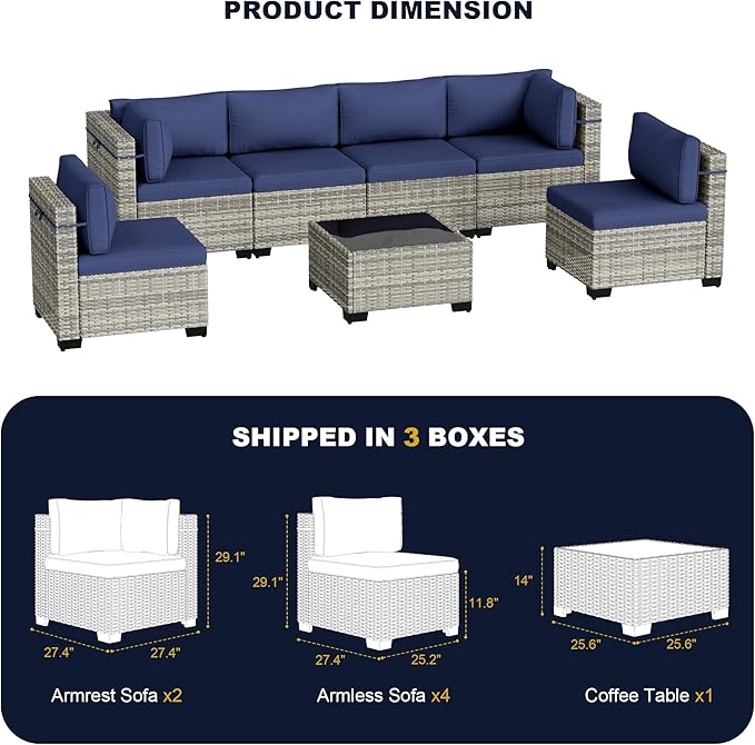 7-Piece Outdoor Patio Furniture Set, PE Wicker Rattan Sectional Sofa Conversation Set with Tempered Glass Table & Thick Cushions - All-Weather Garden, Backyard Furniture, Navy Blue
