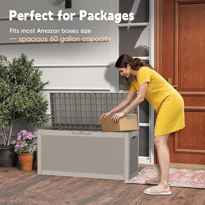 LubanNese Outdoor Storage Box, Waterproof Deck Box, Outdoor Patio Storage Bin, Weatherproof (Grey, 66 Gallon with Seat)