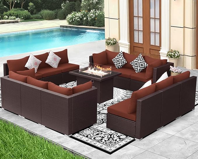 NICESOUL 13 Piece Patio Furniture w/Fireplace, Elegant Outdoor Seating w/Firepit, XL 29.3'' High Back Sectional Sofa, All-Weather Rattan Deck Couch, Modular Sturdy Conversation Set, Brown & Red
