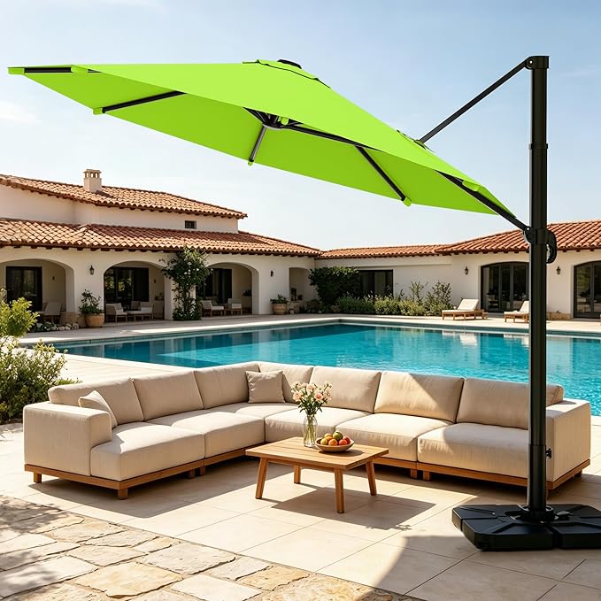AreShark 11FT Round Cantilever Patio Umbrella with Base Included, 360° Rotation Offset Outdoor Umbrella, 5 Tilt Settings Heavy Duty Hanging Parasol for Deck Garden Pool, Apple Green