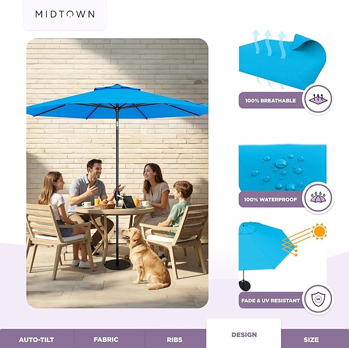 Midtown Umbrellas - 10-Year-No-Fade 6 Ft Patio Umbrella with Terylast Fabric, Auto-Tilt Aluminum Frame and 8 Reinforced Ribs for Deck, Pool, Garden & Beach - Cobalt Blue Canopy, Black Pole