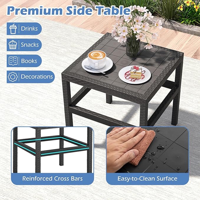 Tangkula 3 Piece Patio Furniture Set, Outdoor Wikcer Conversation Set with 2 Rattan Armchair & 25" Square Side Table, for Patio, Garden, Poolside, Bistro (Black)