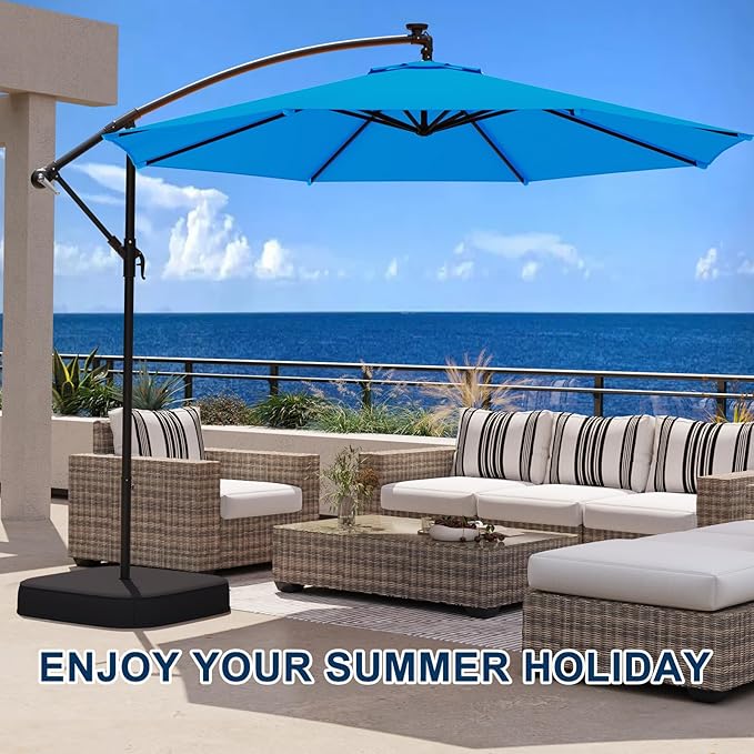 EROMMY 10FT Patio Umbrella with Base Included, Outdoor Offset Cantilever Umbrella, Infinite Tilt, Crank and Cross Base, UV Protection for Backyard, Lawn, Garden & Pool