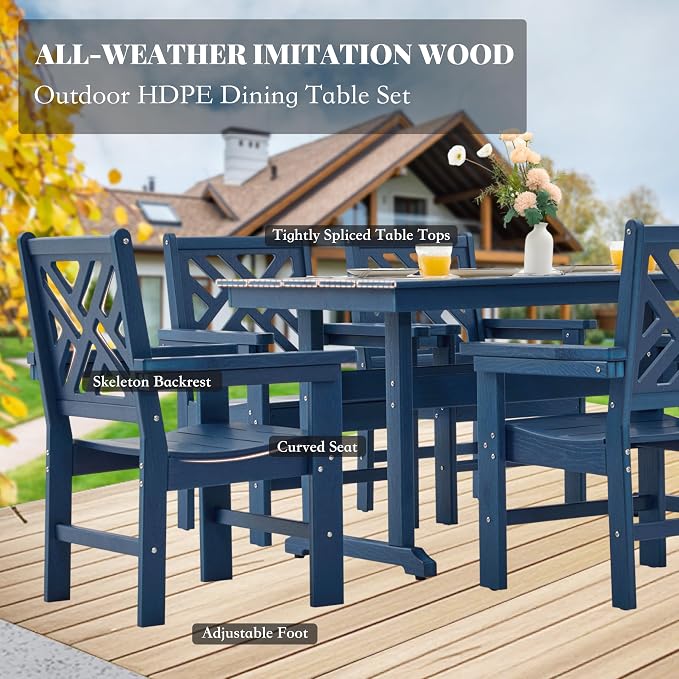 HDPE Dining Table Set for 4,5-Piece Outdoor Table and Chairs Include 4 Dining Chairs and 62.5" Patio Dining Table with Umbrella Hole (Blue)