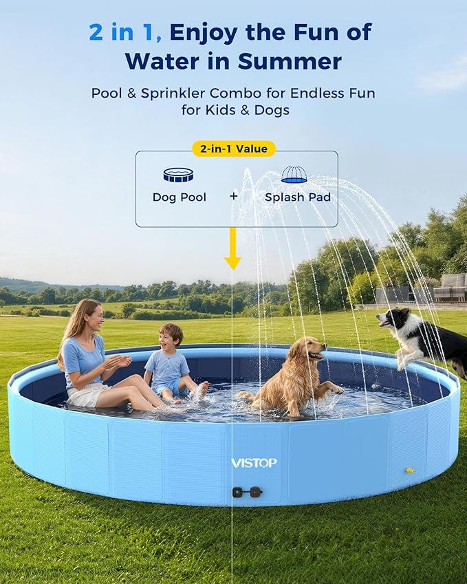 VISTOP 97" Foldable Dog Pool with Sprinkler, Large Hard Shell Pet Swimming Pool, Non-Slip Collapsible Kiddie Pool for Backyard Outdoor Summer Water Play