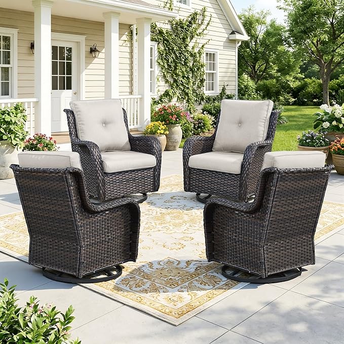 Wicker Patio Furniture Set- 4 Pieces Swivel Patio Chairs,PE Rattan Outdoor Rocking Chairs Porch Furniture for Garden Deck