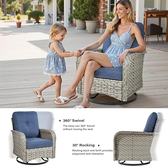 8 Pieces Outdoor Sectional Patio Furniture Set with Swivel Rocking Chairs,Conversation Sets Rattan Wicker L Shaped Couch,Modular Outdoor Sofa for Porch Balcony Backyard Denim Blue