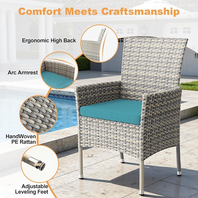 5-Piece Patio Dining Set, Patio Furniture Set with Square Tempered Glass Table & 4 Wicker Chairs, Expandable Design for Larger Groups, Outdoor Furniture for Backyard, Deck, Garden, Turquoise