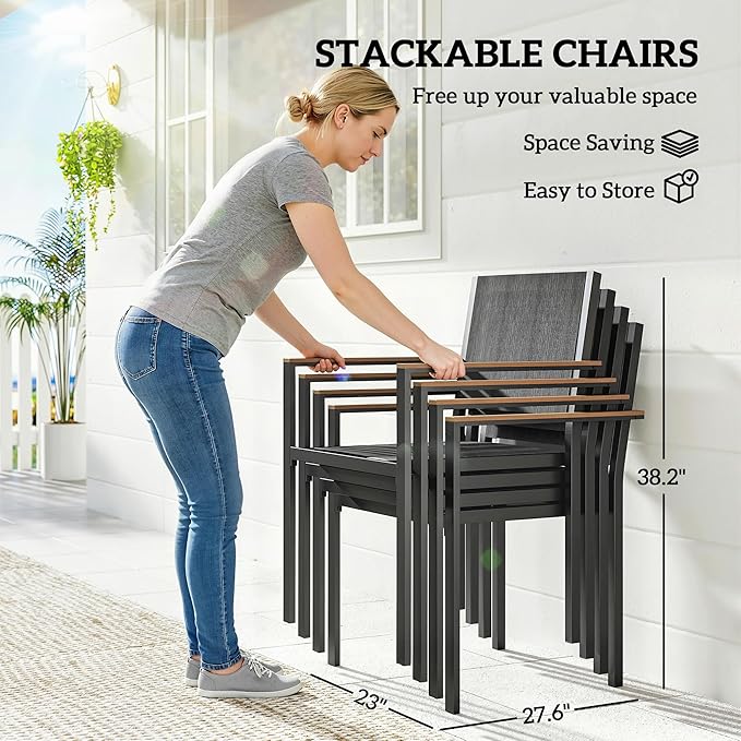 Outsunny 5 Piece Outdoor Dining Set, Outdoor Table and Chairs for 4, 59" Rectangular Acacia Wood Tabletop and 352 LBS Mesh Stackable Chairs, Patio Set for Garden, Backyard, Deck, Teak