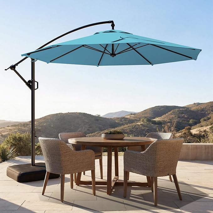 HOMSHADE 10ft Offset Patio Umbrella with Base Included, Cantilever Offset Hanging Patio Outdoor Market Umbrella UPF50+ UV Protection with Easy Tilt and Crank for Pool Deck and Garden(Light Blue)