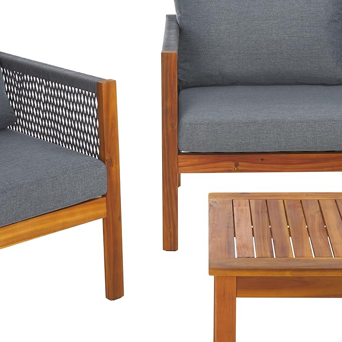 SAFAVIEH Outdoor Collection Wilson Brown Acacia Wood/Grey Cushion & Rope 4-Piece Conversation Patio Set