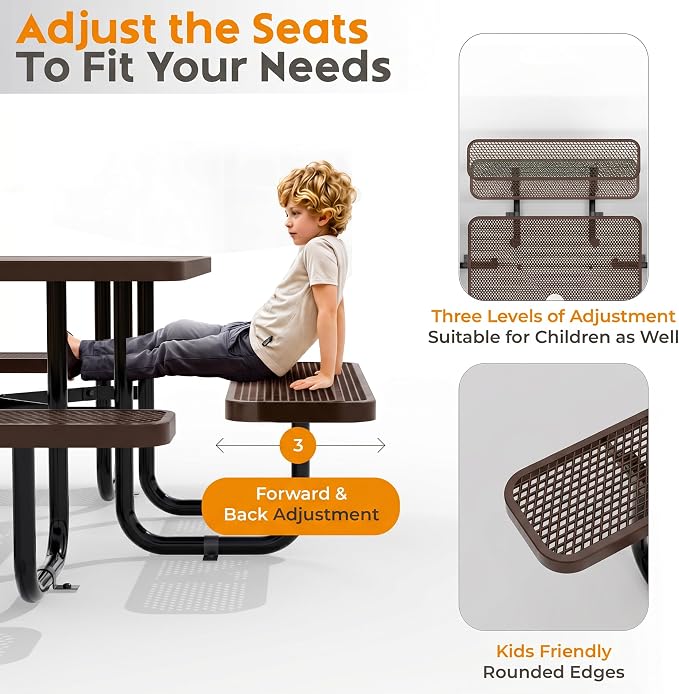 Metal Picnic Tables for Outdoors with Umbrella Hole - Coated Steel Heavy Duty Commercial Grade Furniture (Brown, 46 in, Square, Expanded Steel)